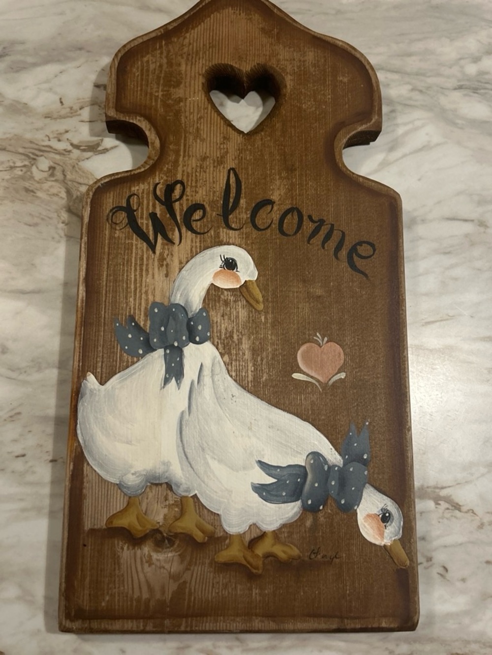vintage 1980s country-style hand-painted wooden welcome sign with geese & heart